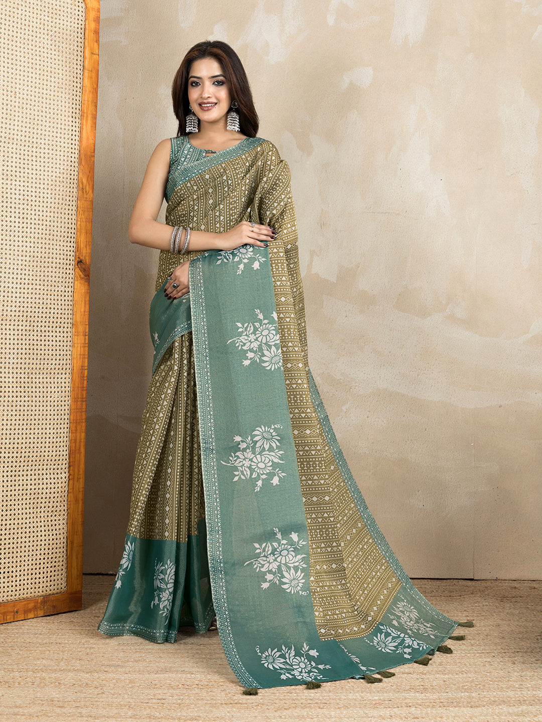 Olive Green Erode Cotton Geometric Floral Saree for Women