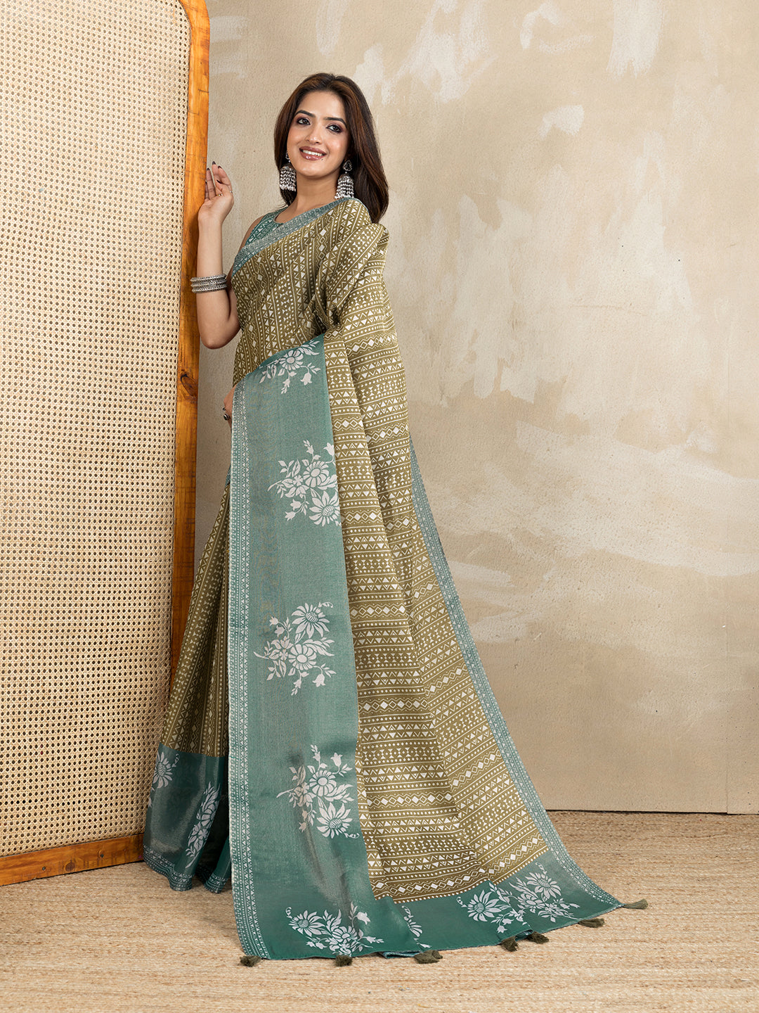 Olive Green Erode Cotton Geometric Floral Saree for Women