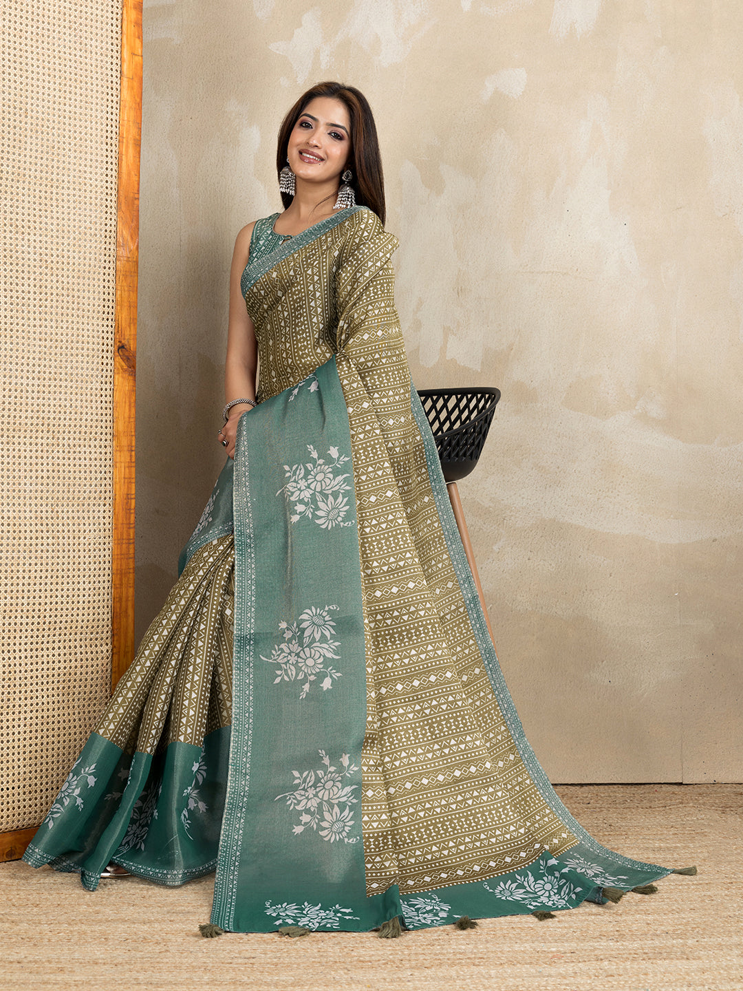 Olive Green Erode Cotton Geometric Floral Saree for Women