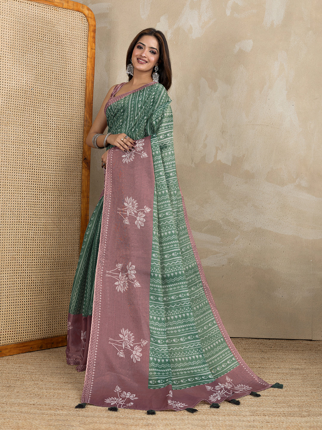 Sage Green Erode Cotton Floral Print Saree for Women