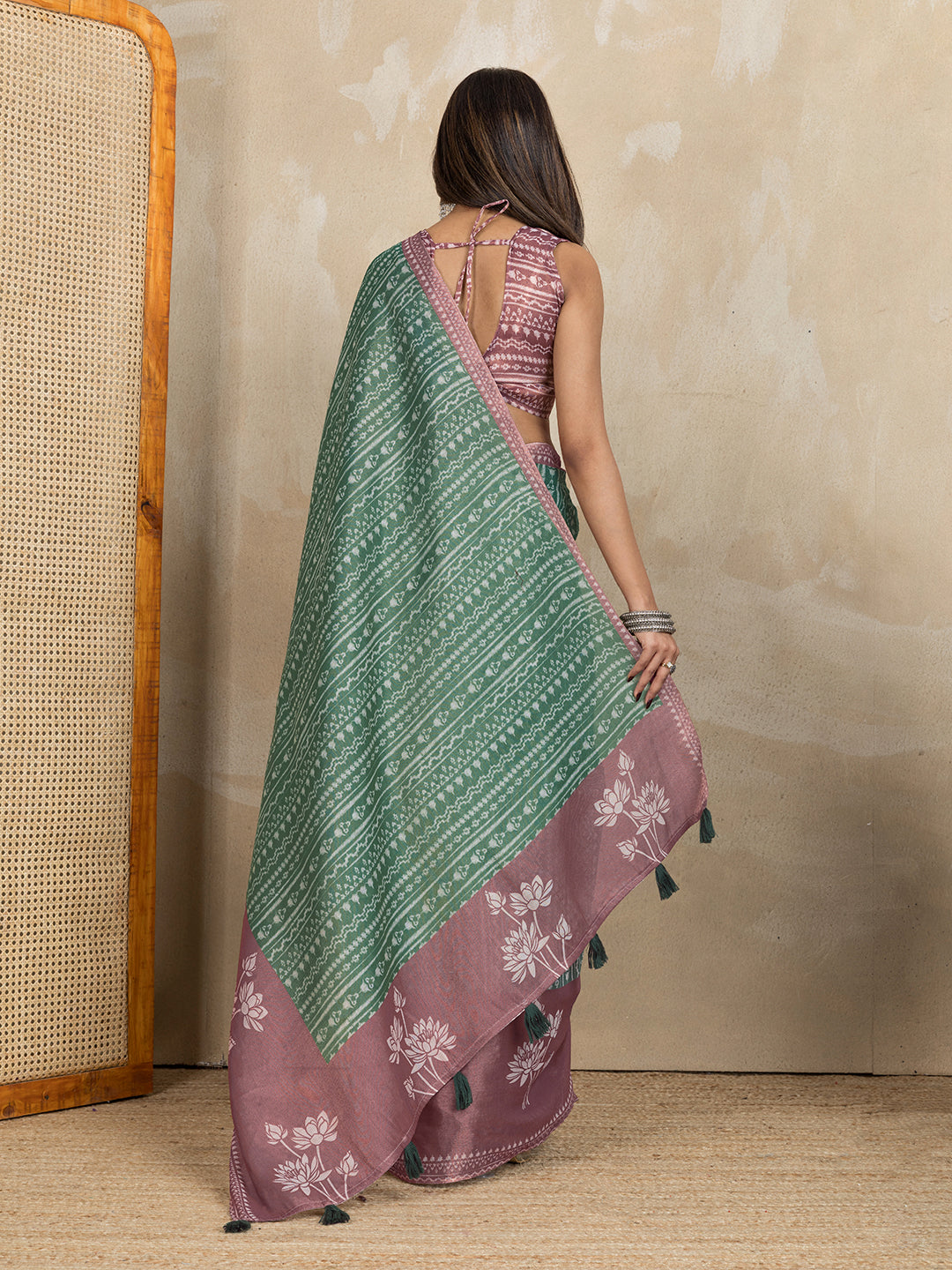 Sage Green Erode Cotton Floral Print Saree for Women