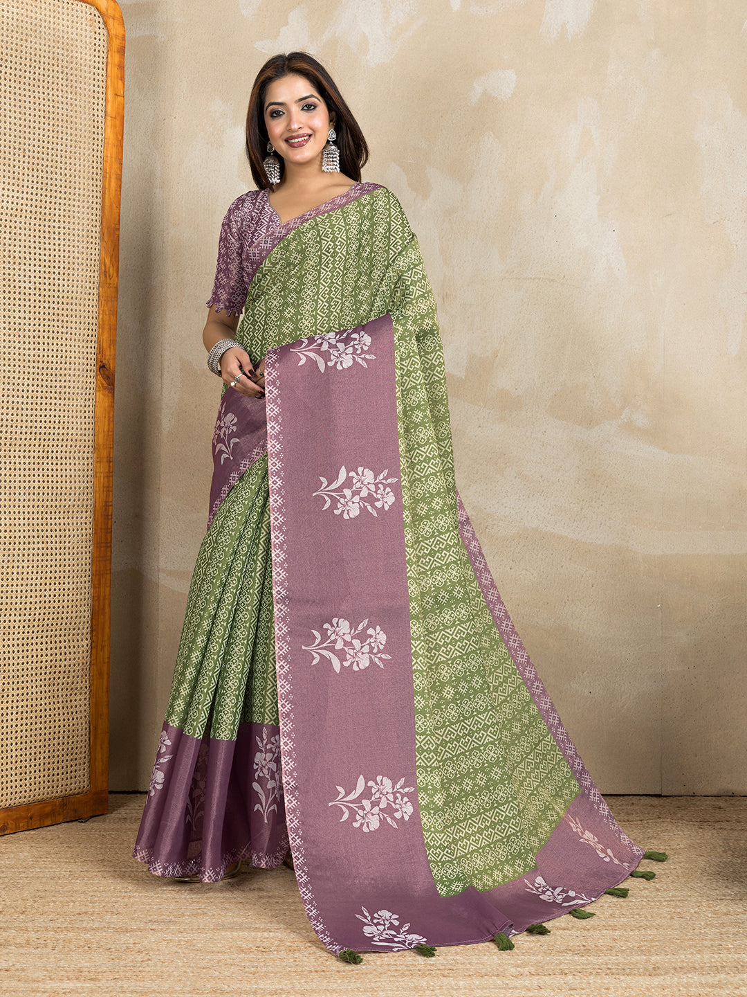 Olive Green Erode Cotton Saree with Mauve Floral Pallu Look for Women