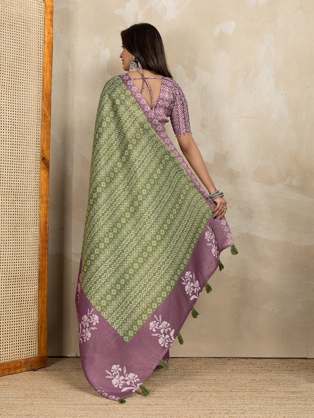Olive Green Erode Cotton Saree with Mauve Floral Pallu Look for Women