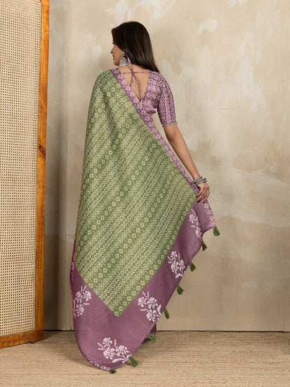 Olive Green Erode Cotton Saree with Mauve Floral Pallu Look for Women