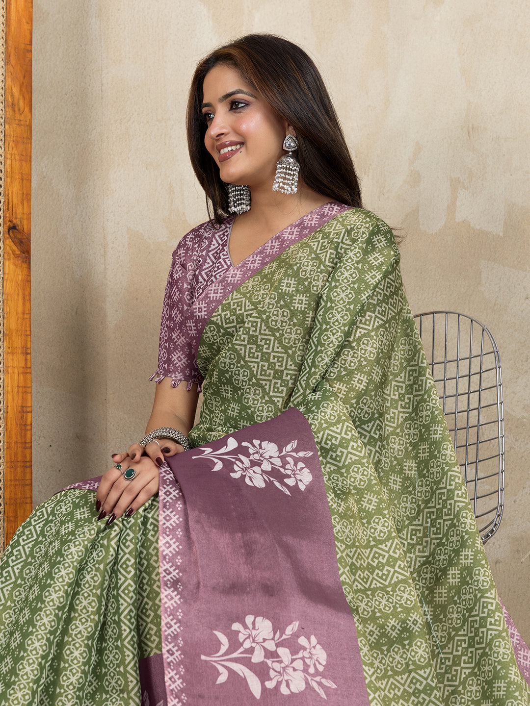 Olive Green Erode Cotton Saree with Mauve Floral Pallu Look for Women