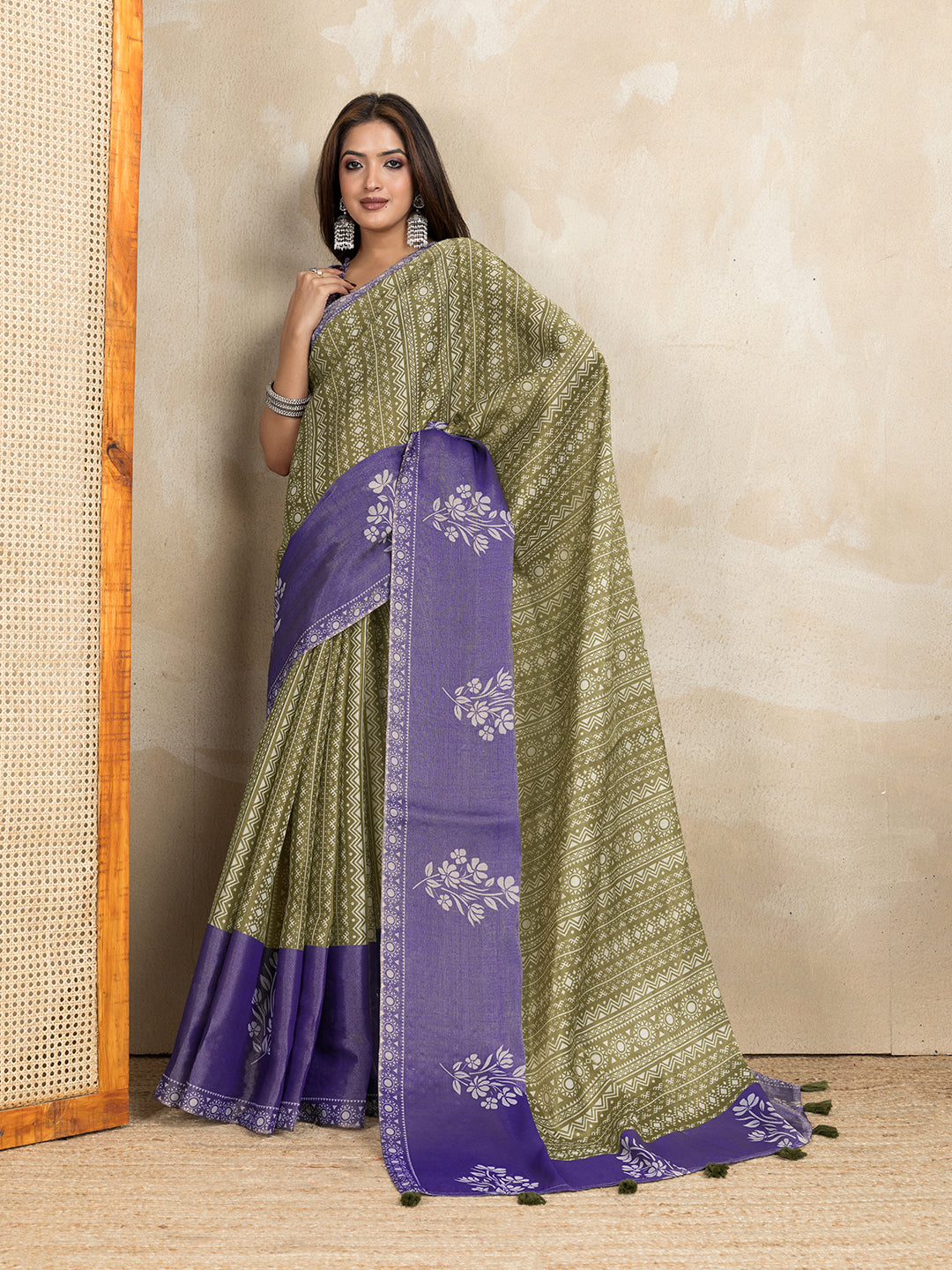 Olive Green Erode Cotton Saree with Purple Floral Pallu Set 2