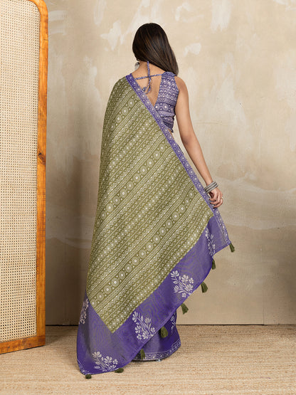 Olive Green Erode Cotton Saree with Purple Floral Pallu Set 2