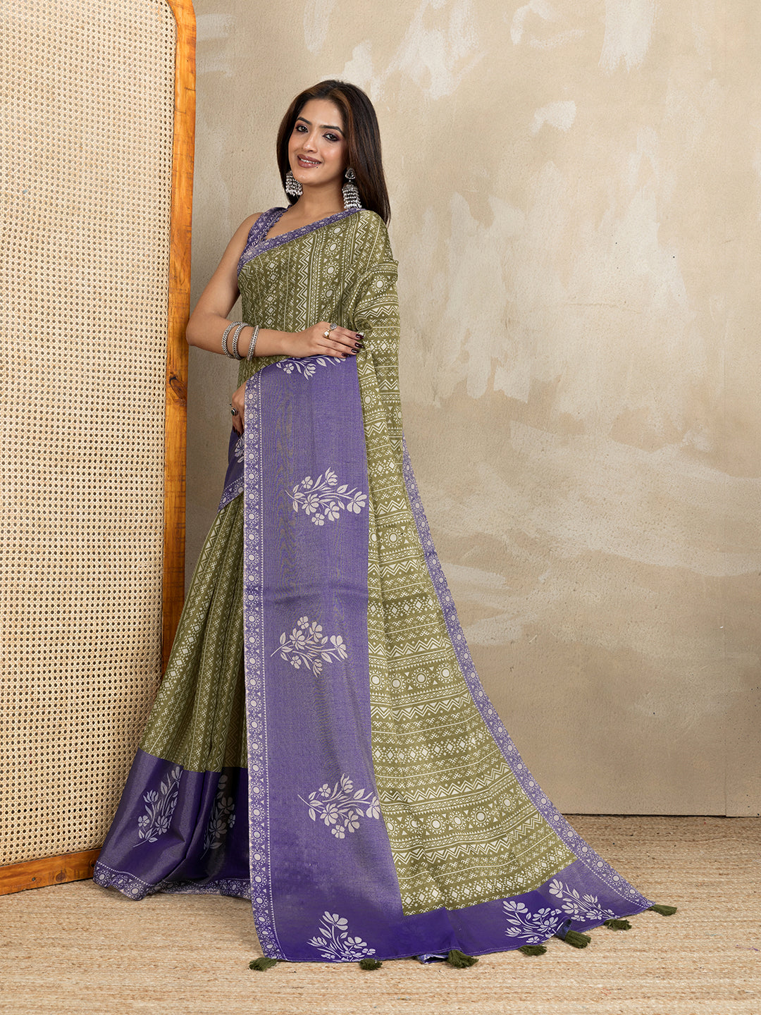 Olive Green Erode Cotton Saree with Purple Floral Pallu Set 2