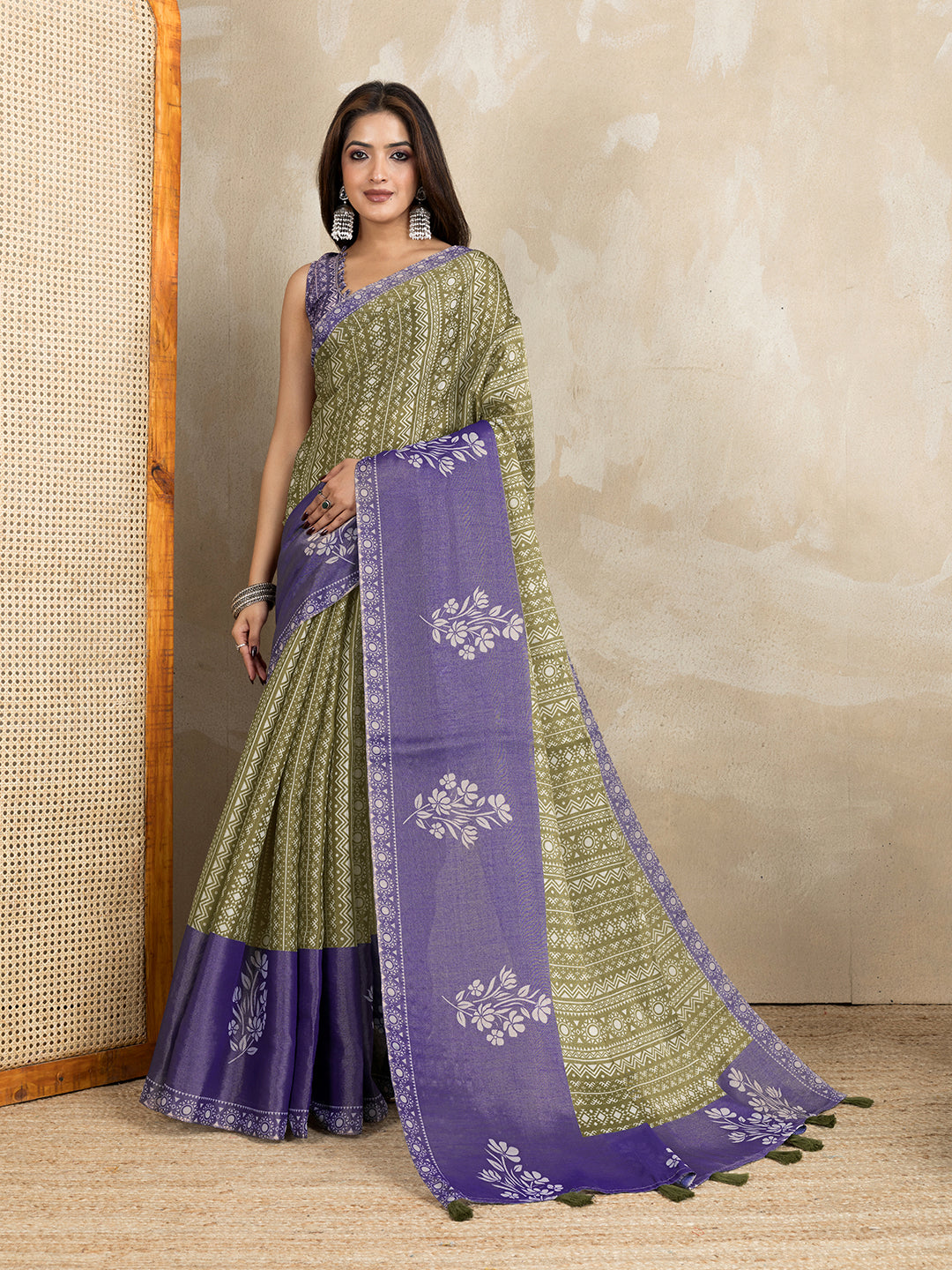 Olive Green Erode Cotton Saree with Purple Floral Pallu Set 2