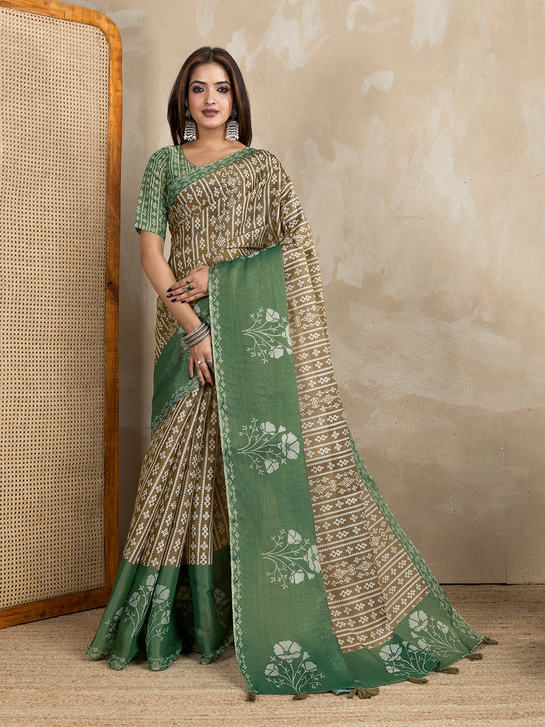 Brown Erode Cotton Saree with Sage Green Floral Pallu for Women