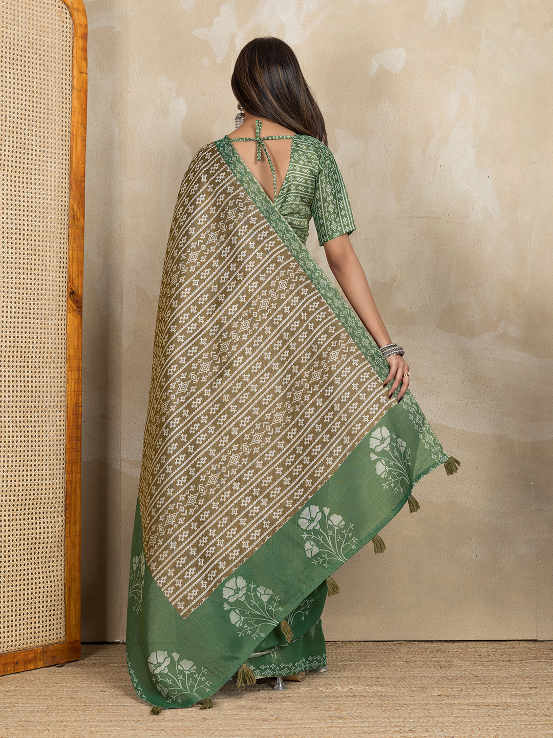 Brown Erode Cotton Saree with Sage Green Floral Pallu for Women