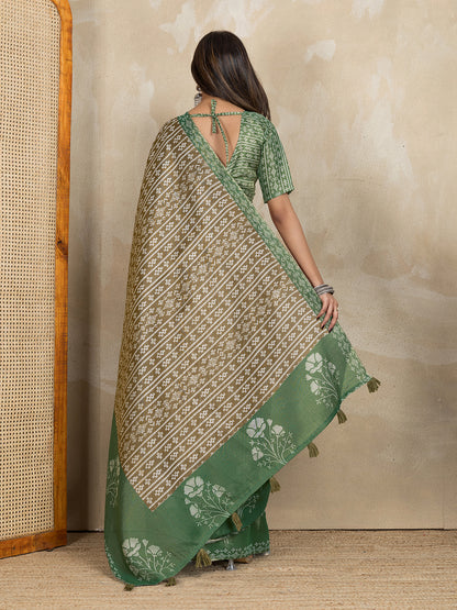 Brown Erode Cotton Saree with Sage Green Floral Pallu for Women
