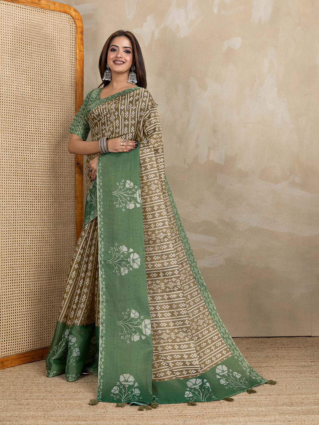 Brown Erode Cotton Saree with Sage Green Floral Pallu for Women