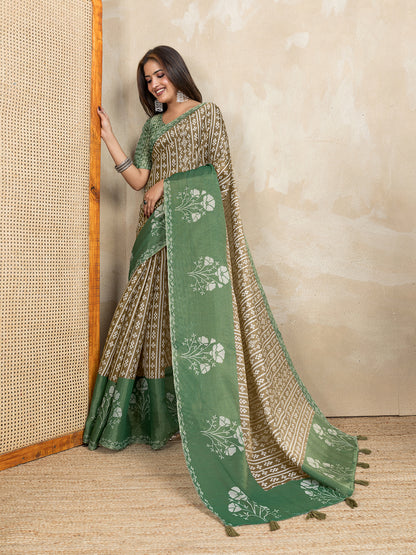 Brown Erode Cotton Saree with Sage Green Floral Pallu for Women