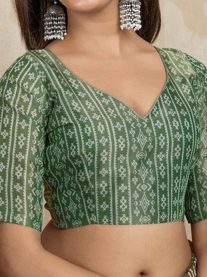 Brown Erode Cotton Saree with Sage Green Floral Pallu for Women