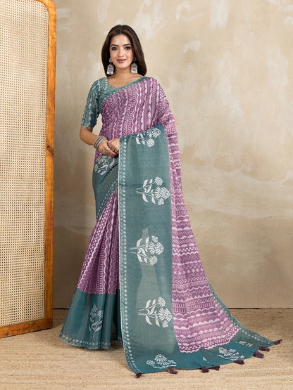 Mauve Cotton Saree with Teal Floral Pallu and Ethnic Prints for Women