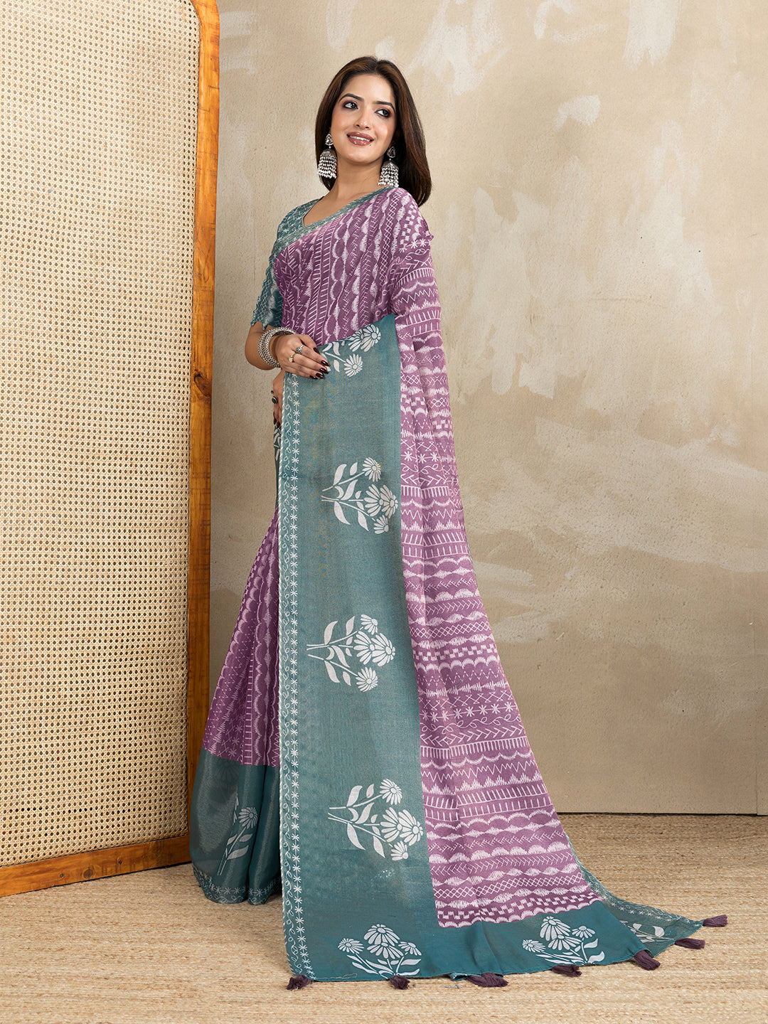 Mauve Cotton Saree with Teal Floral Pallu and Ethnic Prints for Women
