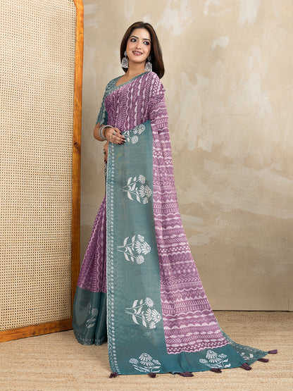 Mauve Cotton Saree with Teal Floral Pallu and Ethnic Prints for Women