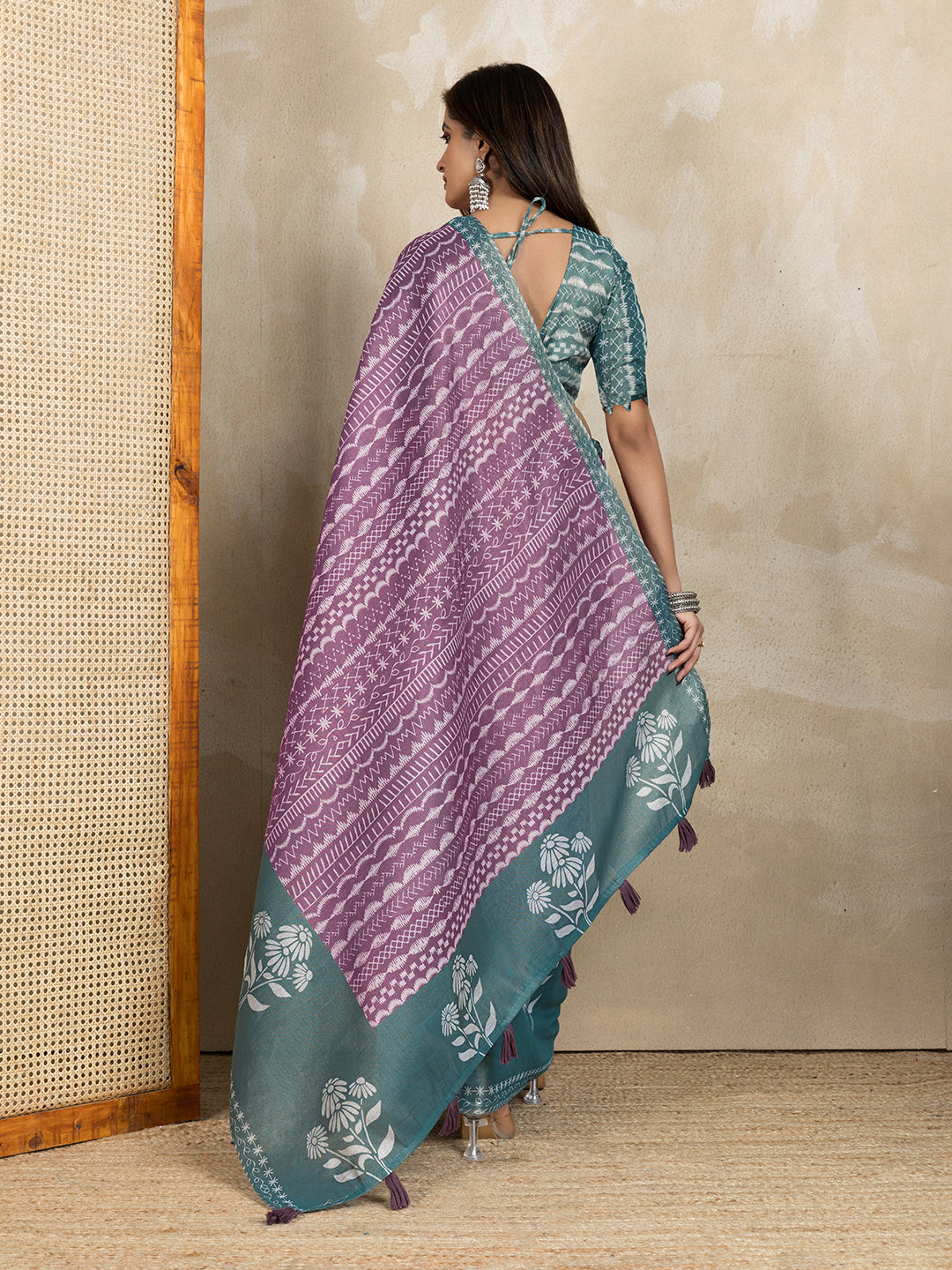 Mauve Cotton Saree with Teal Floral Pallu and Ethnic Prints for Women