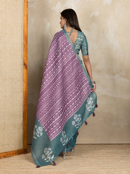 Mauve Cotton Saree with Teal Floral Pallu and Ethnic Prints for Women