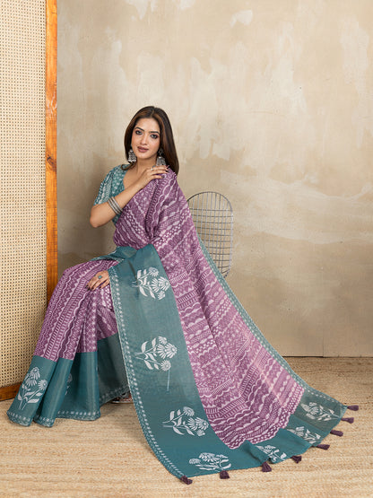 Mauve Cotton Saree with Teal Floral Pallu and Ethnic Prints for Women