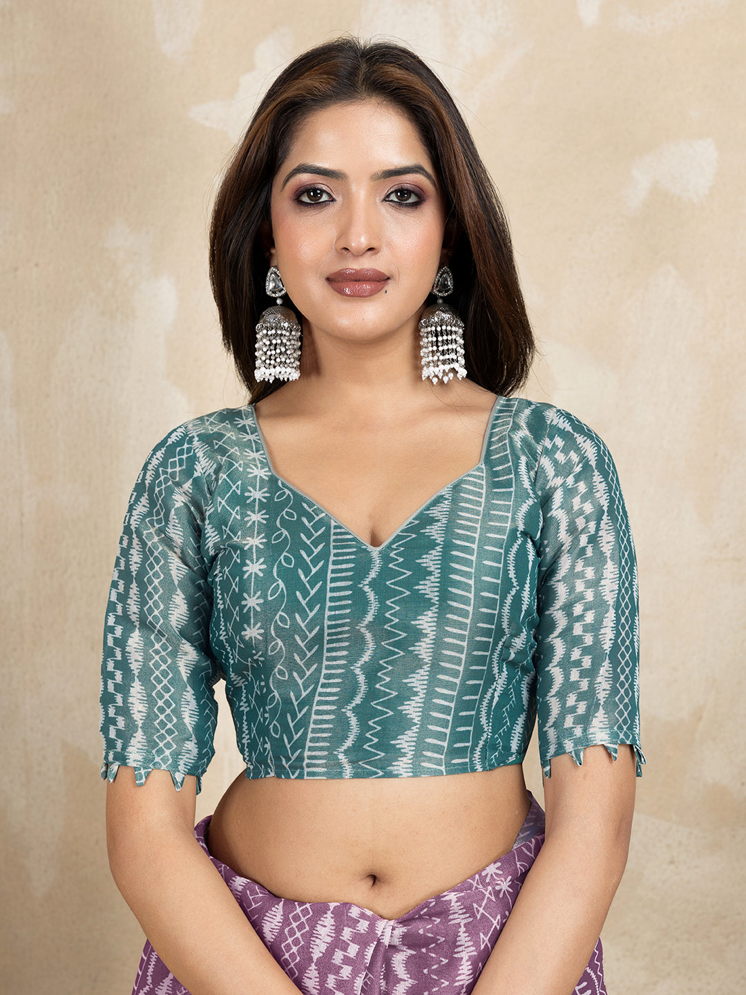 Mauve Cotton Saree with Teal Floral Pallu and Ethnic Prints for Women