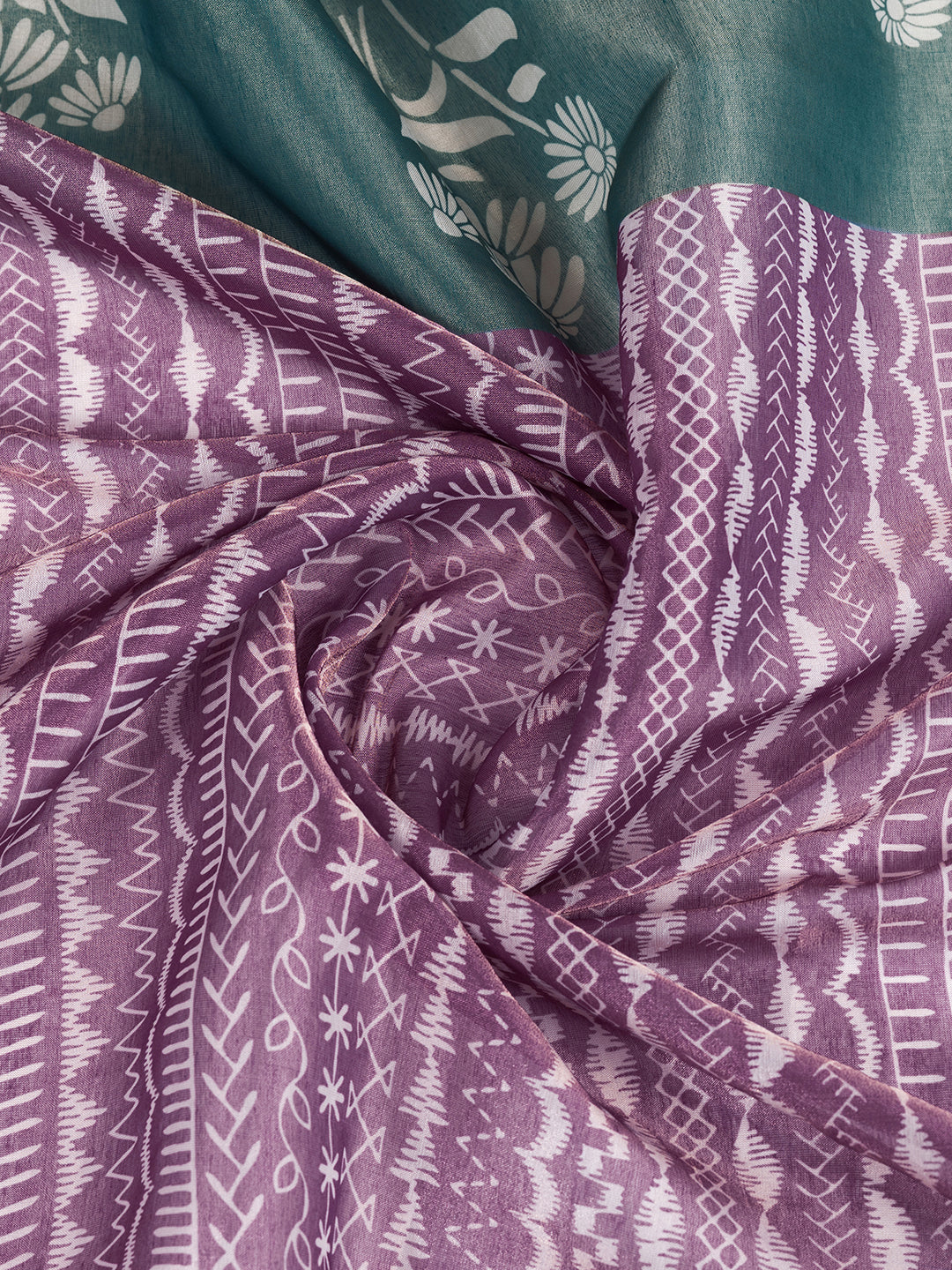 Mauve Cotton Saree with Teal Floral Pallu and Ethnic Prints for Women