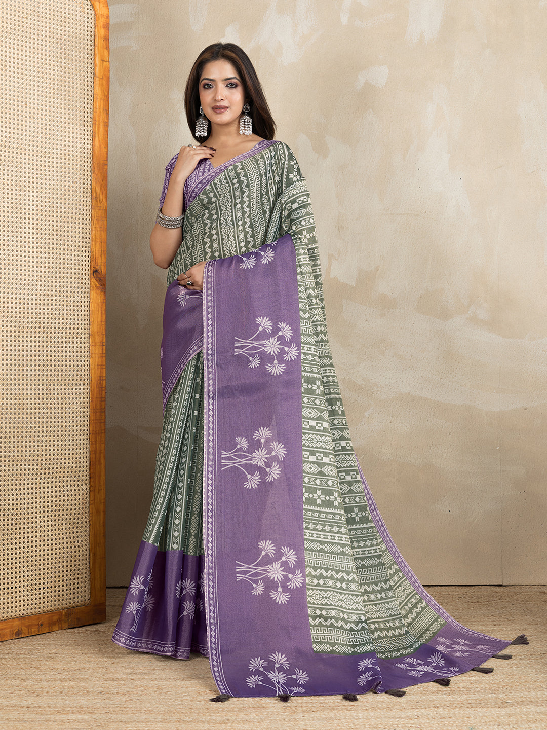 Olive Green Erode Cotton Saree with Purple Floral Pallu Set for Women