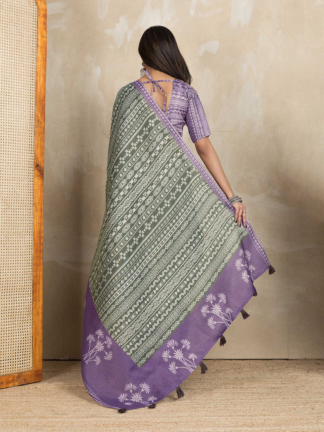 Olive Green Erode Cotton Saree with Purple Floral Pallu Set for Women