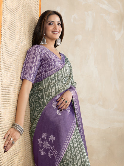 Olive Green Erode Cotton Saree with Purple Floral Pallu Set for Women