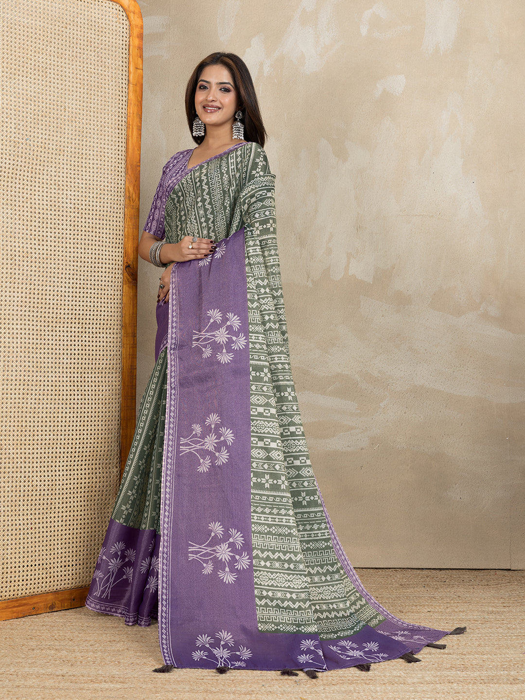Olive Green Erode Cotton Saree with Purple Floral Pallu Set for Women
