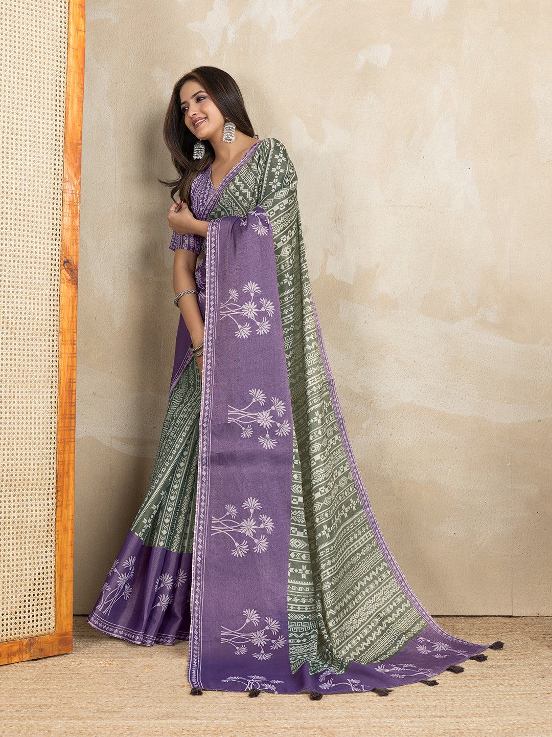 Olive Green Erode Cotton Saree with Purple Floral Pallu Set for Women