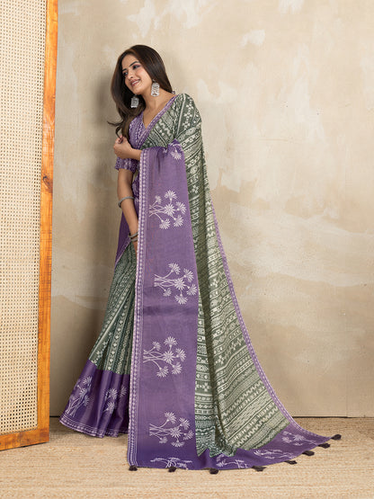 Olive Green Erode Cotton Saree with Purple Floral Pallu Set for Women