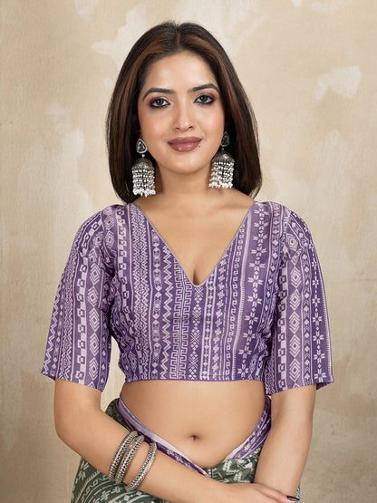 Olive Green Erode Cotton Saree with Purple Floral Pallu Set for Women