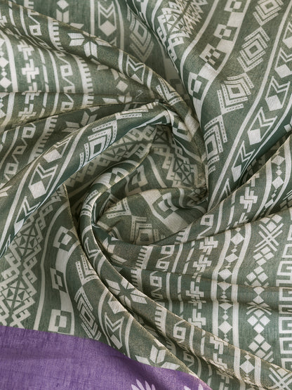 Olive Green Erode Cotton Saree with Purple Floral Pallu Set for Women