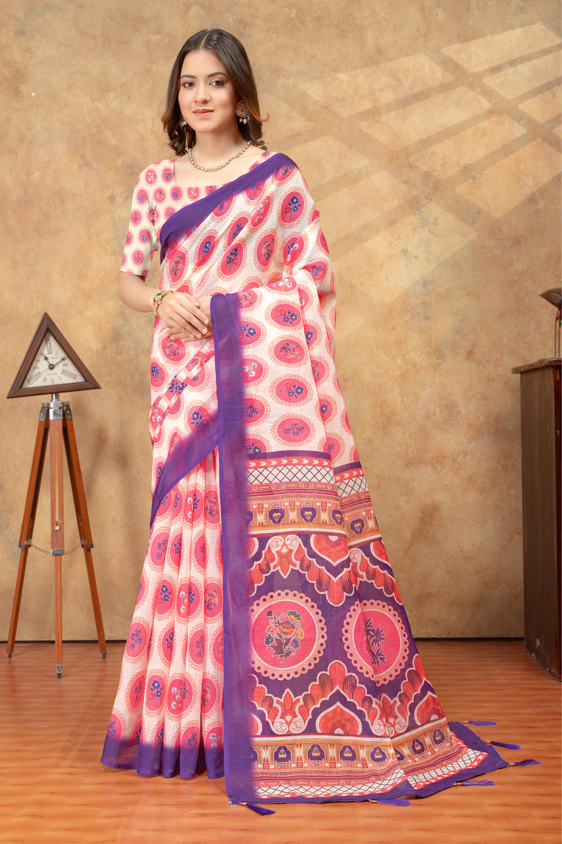 Peach Floral Medallion Print Saree with Purple Pallu for Women