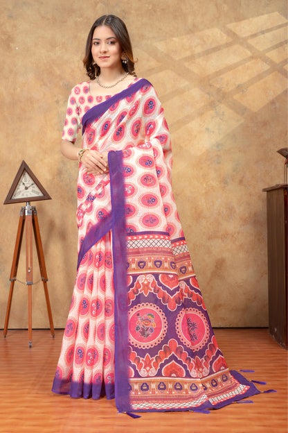 Peach Floral Medallion Print Saree with Purple Pallu for Women