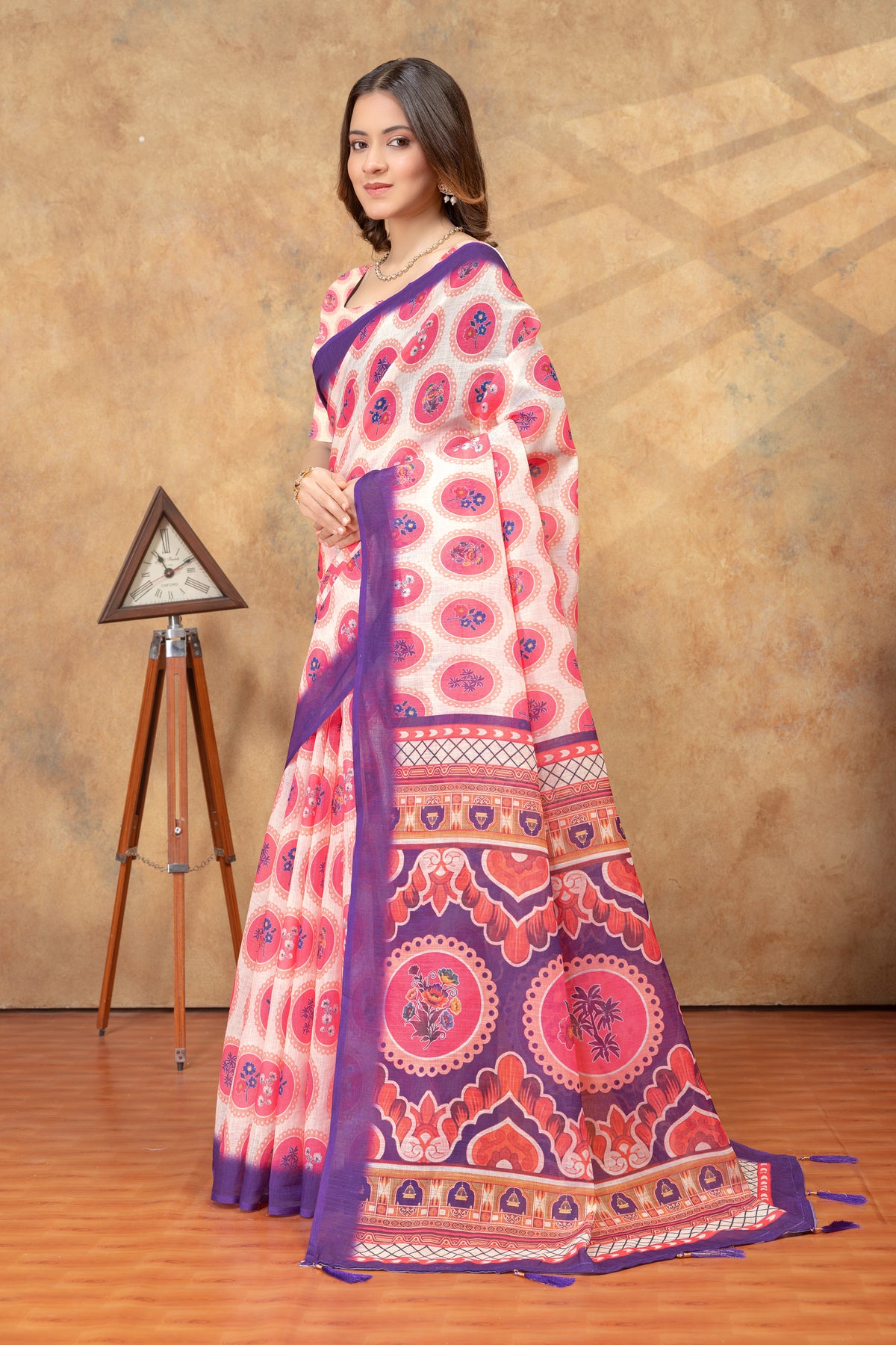 Peach Floral Medallion Print Saree with Purple Pallu for Women