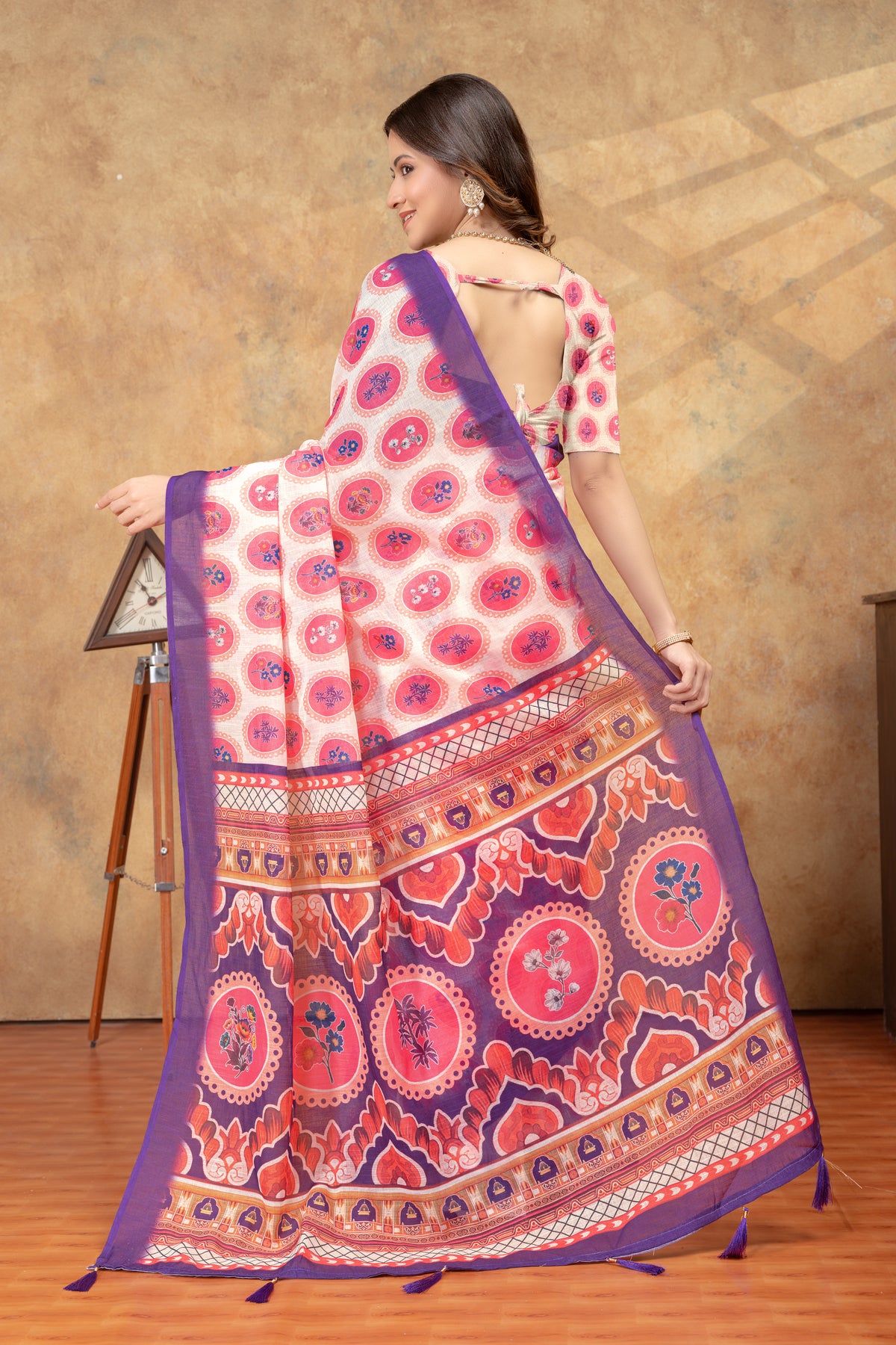 Peach Floral Medallion Print Saree with Purple Pallu for Women