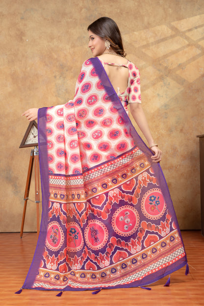 Peach Floral Medallion Print Saree with Purple Pallu for Women