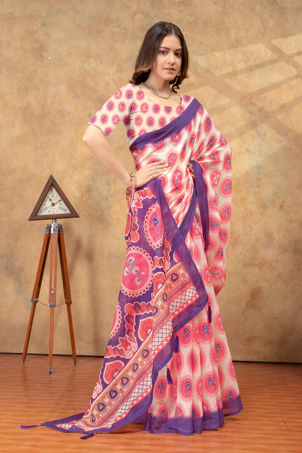 Peach Floral Medallion Print Saree with Purple Pallu for Women