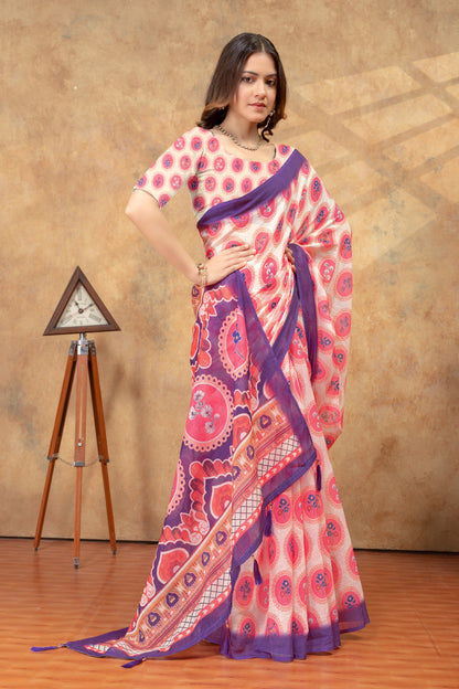 Peach Floral Medallion Print Saree with Purple Pallu for Women