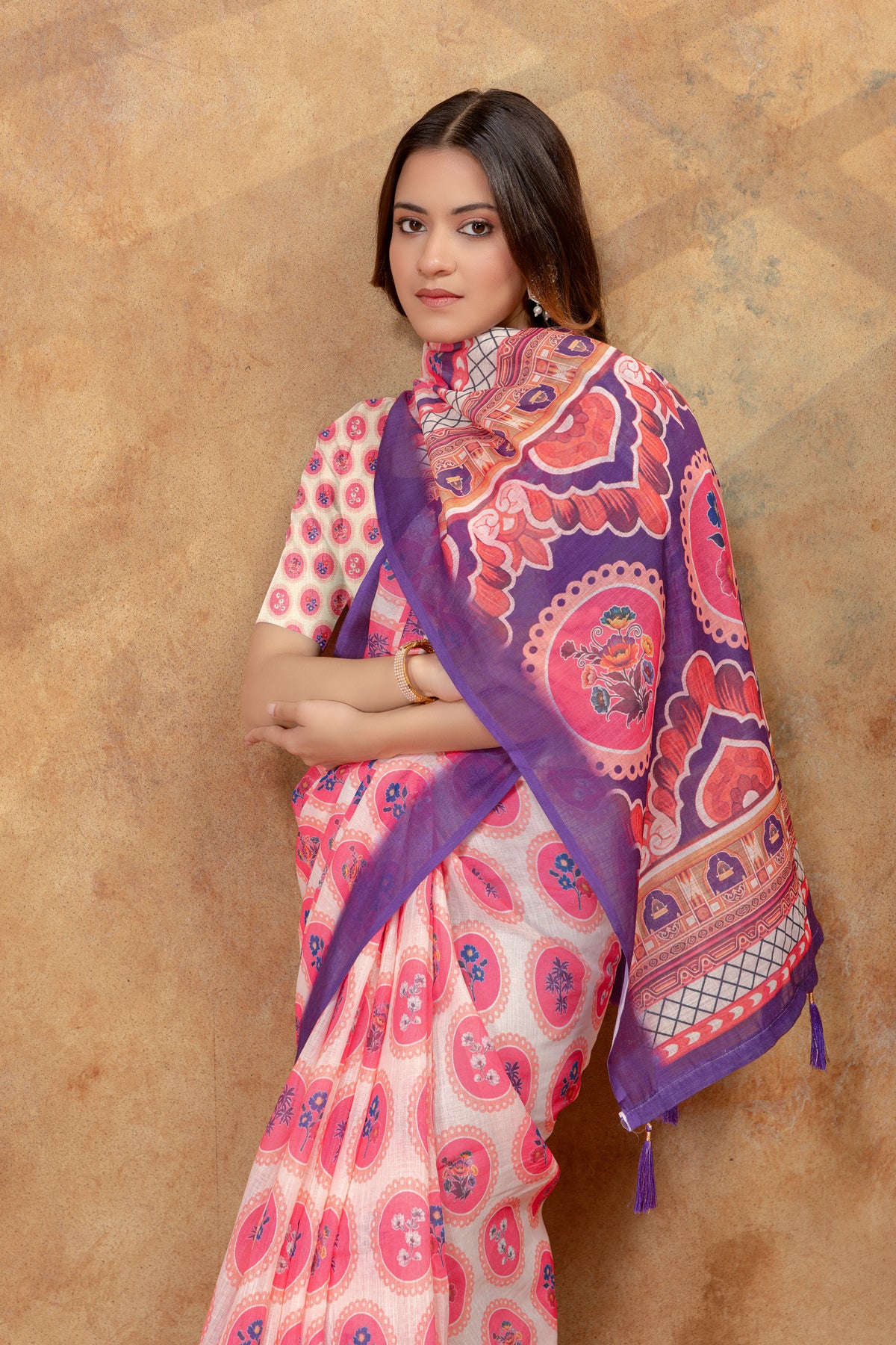 Peach Floral Medallion Print Saree with Purple Pallu for Women