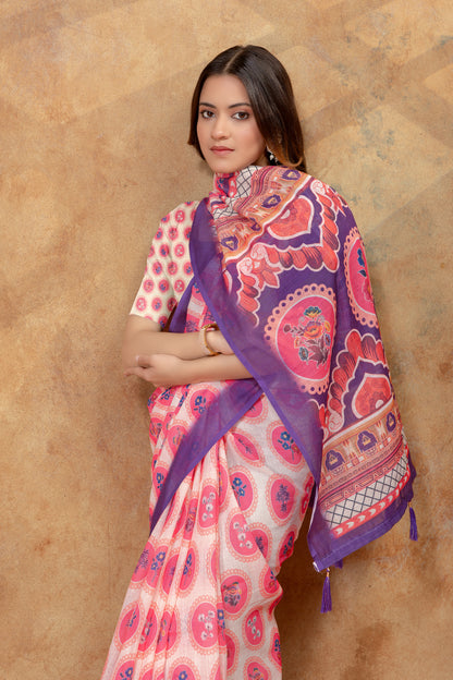 Peach Floral Medallion Print Saree with Purple Pallu for Women