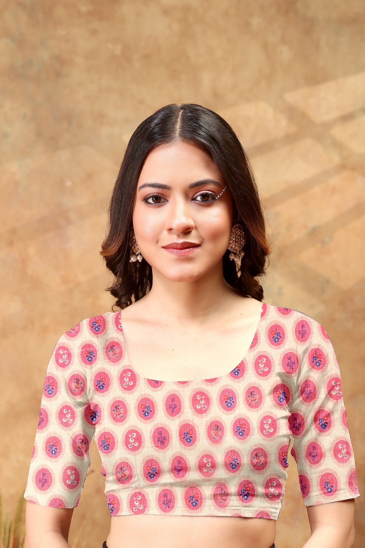 Peach Floral Medallion Print Saree with Purple Pallu for Women