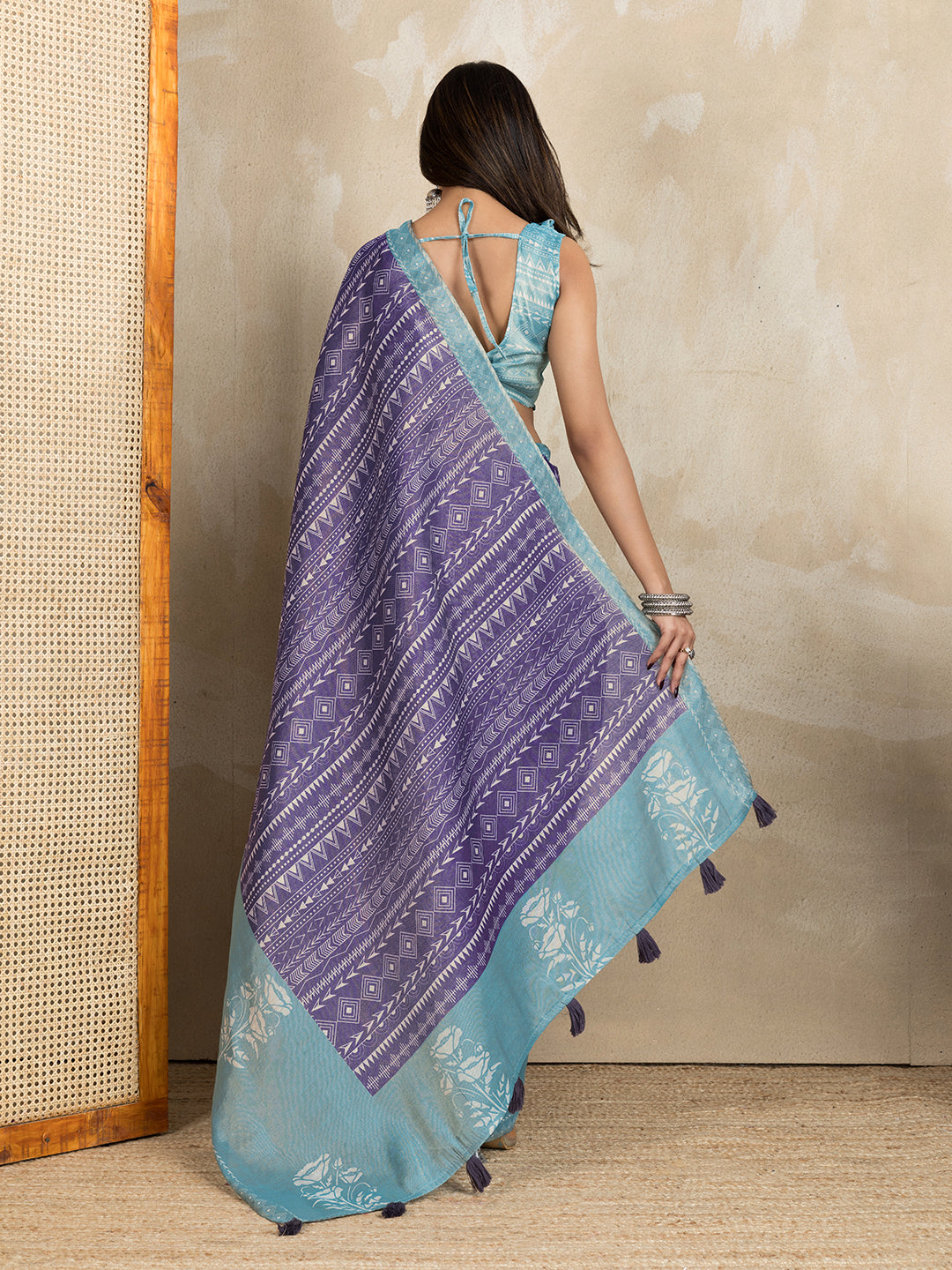Purple Aqua Erode Cotton Saree with Geometric Floral Design for Women