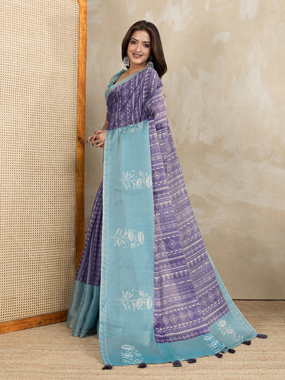 Purple Aqua Erode Cotton Saree with Geometric Floral Design for Women