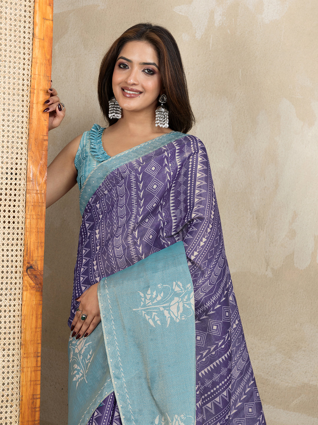 Purple Aqua Erode Cotton Saree with Geometric Floral Design for Women