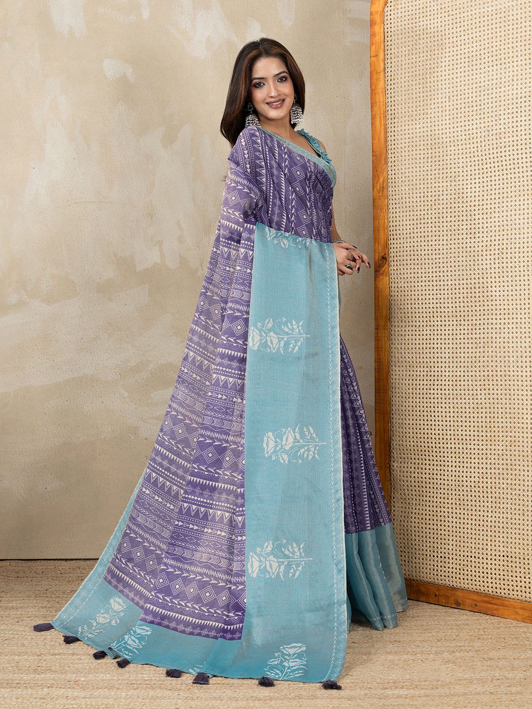 Purple Aqua Erode Cotton Saree with Geometric Floral Design for Women
