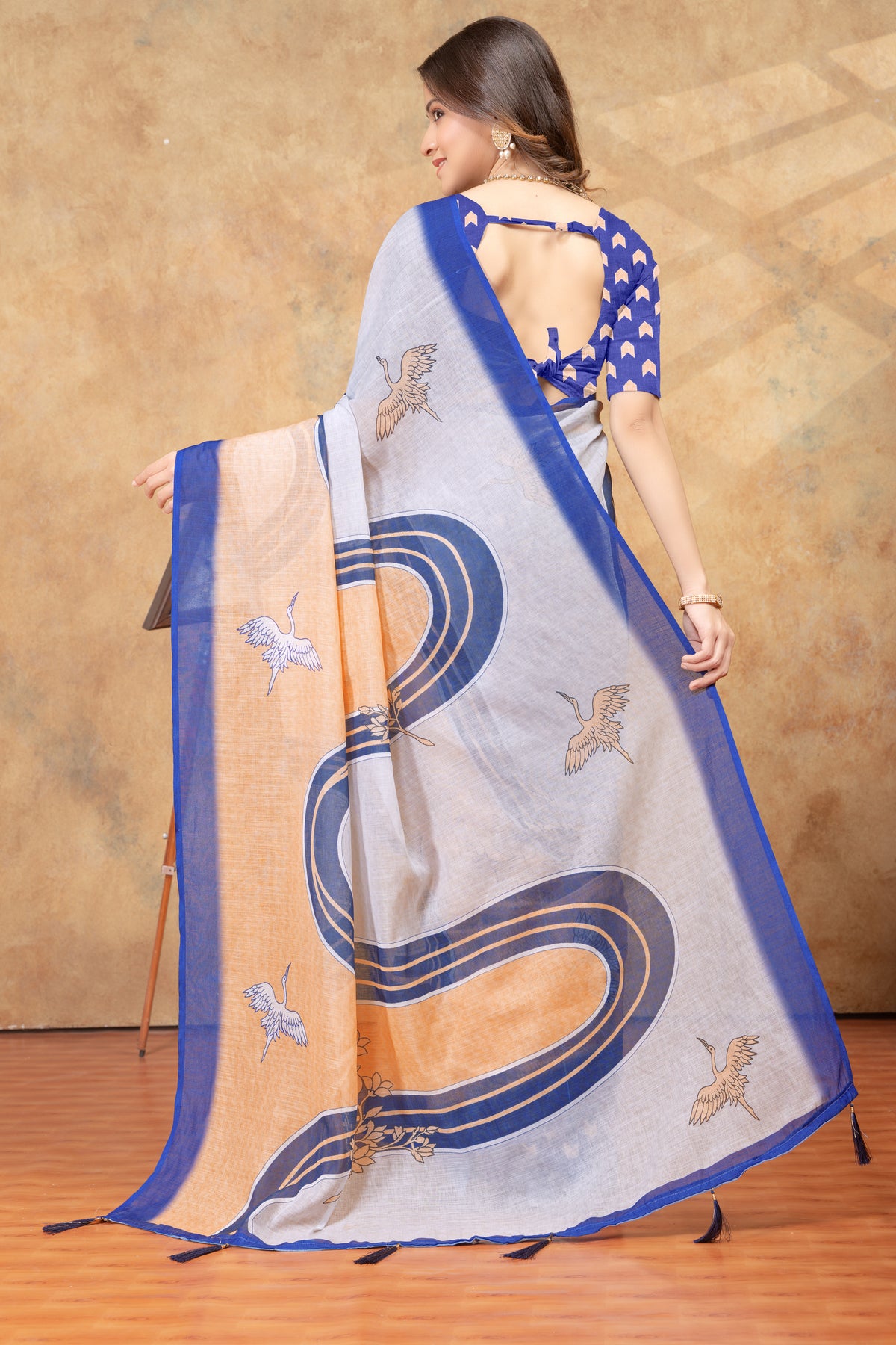 Peach Blue Crane Print Linen Cotton Saree for Women